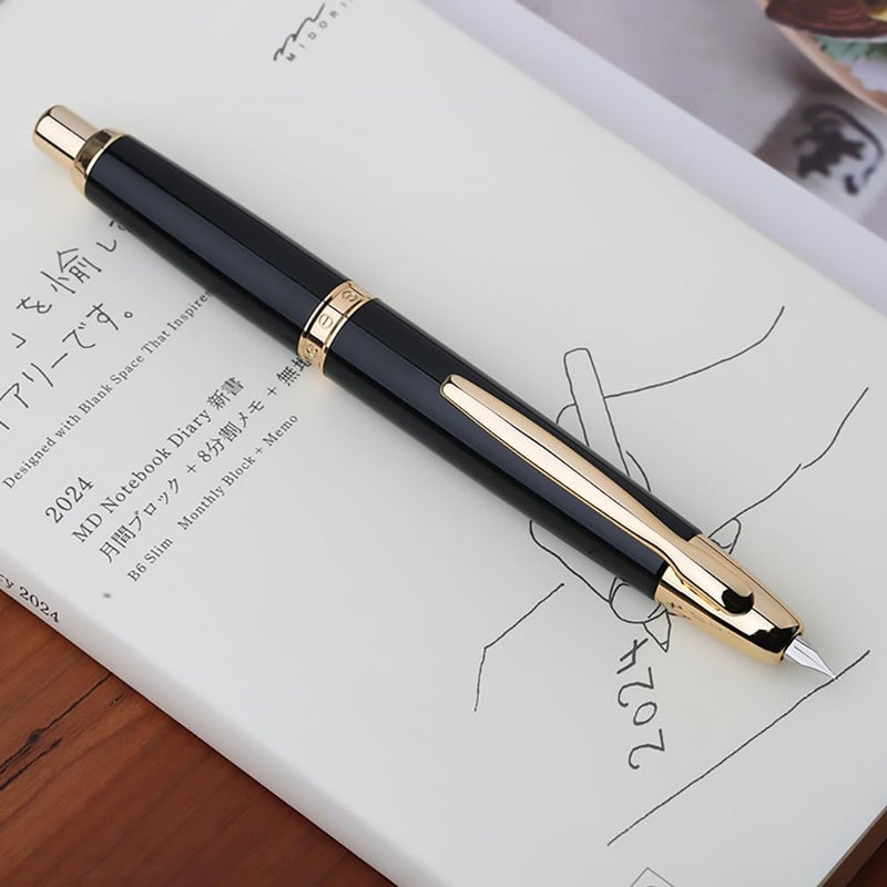 erofa Majohn A1 Press Fountain Pen Fine Nib with Box, Retractable Black Metal Ink Pen with Converter Writing Set (Golden Clip Version) - Image 1